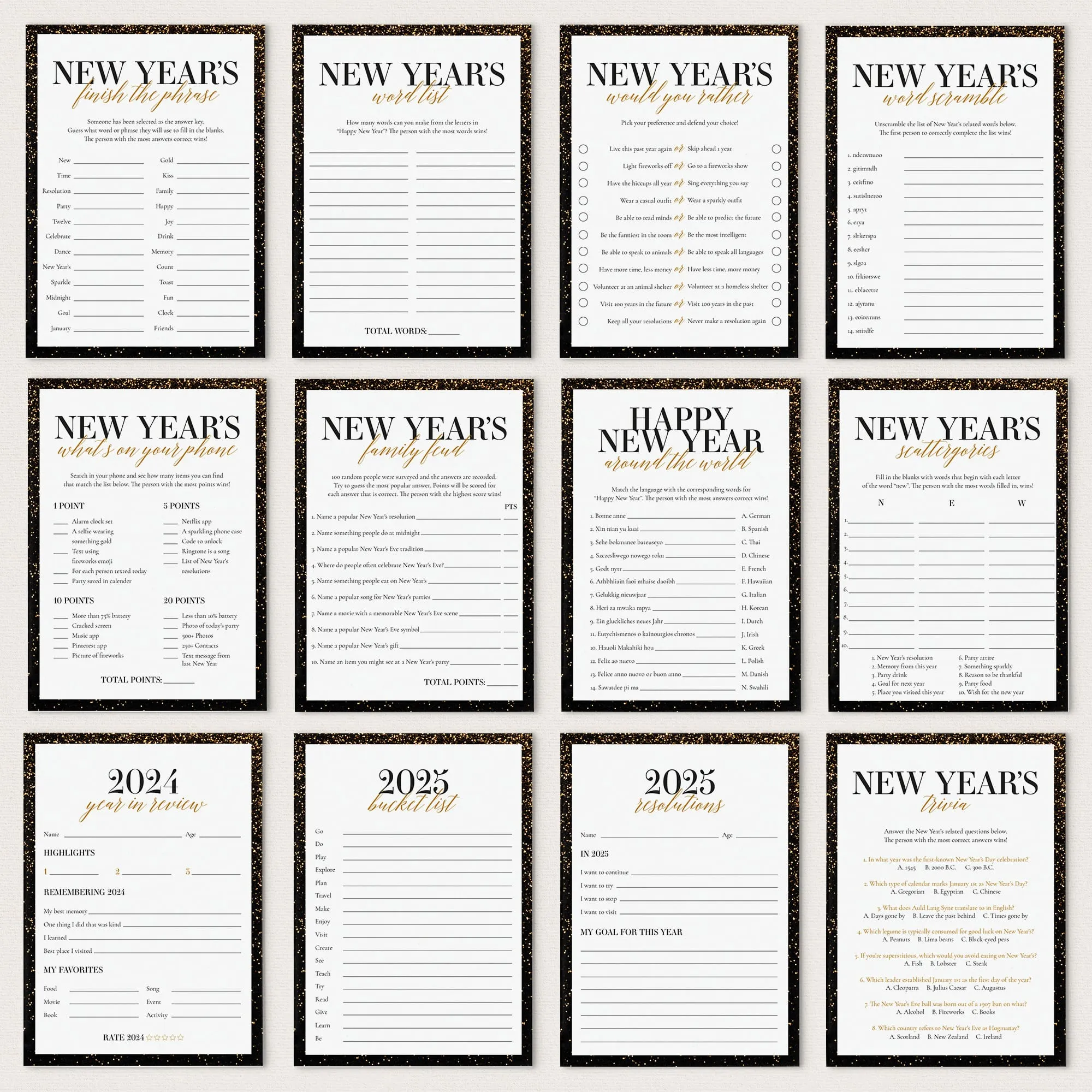 2024 2025 New Year's Eve Party Games Bundle Printable