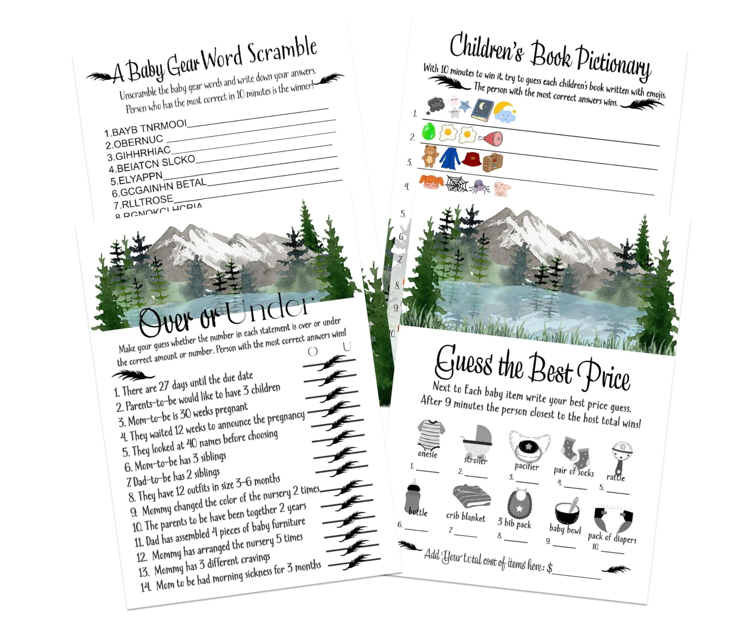 Adventure Awaits Mountain-Themed Baby Shower Game Bundle, 5x7 Double-Sided Cards (25 ct)