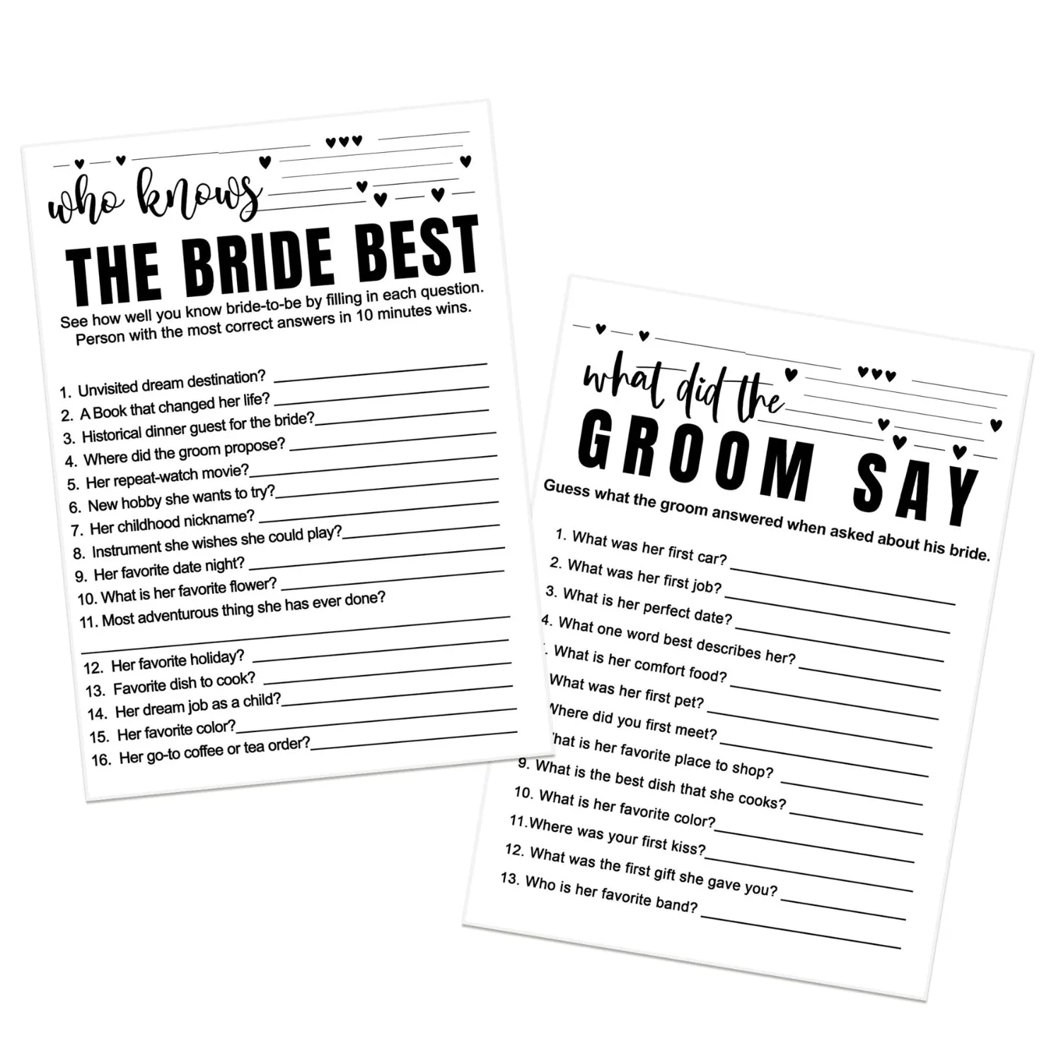 Black and White Bridal Shower Game Bundle 2-in-1 - Who Knows the Bride Best & What Did the Groom Say (25 Pack)