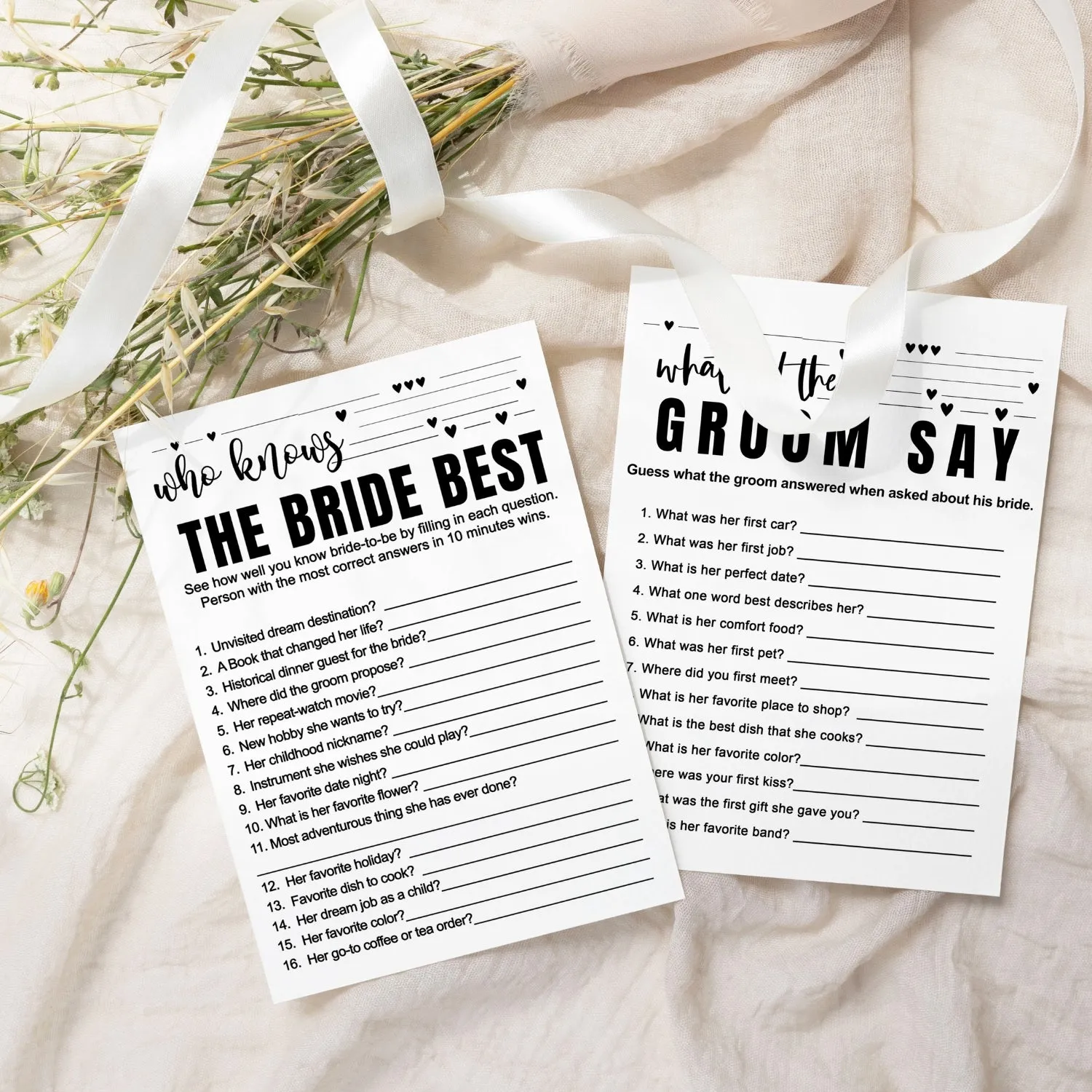 Black and White Bridal Shower Game Bundle 2-in-1 - Who Knows the Bride Best & What Did the Groom Say (25 Pack)