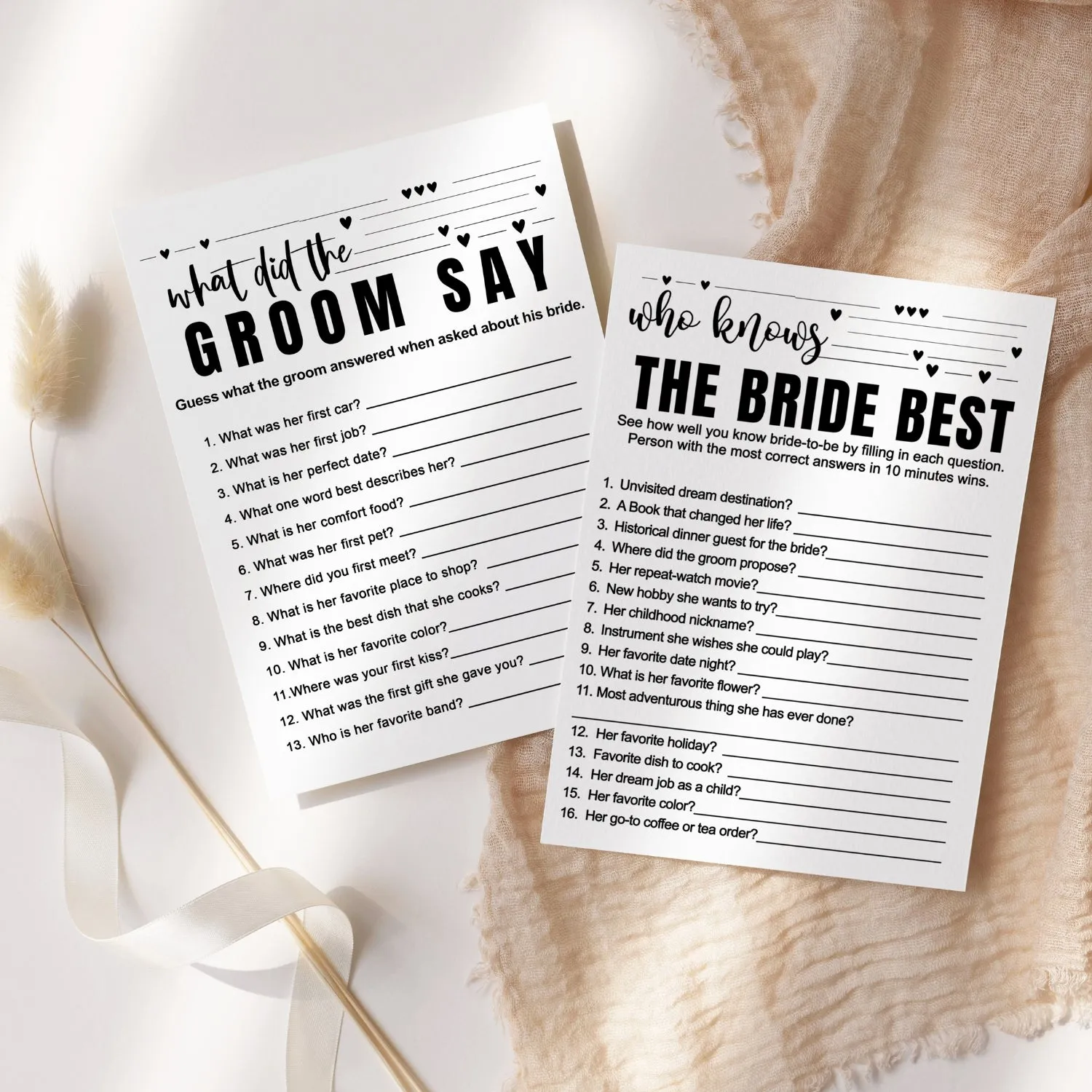 Black and White Bridal Shower Game Bundle 2-in-1 - Who Knows the Bride Best & What Did the Groom Say (25 Pack)