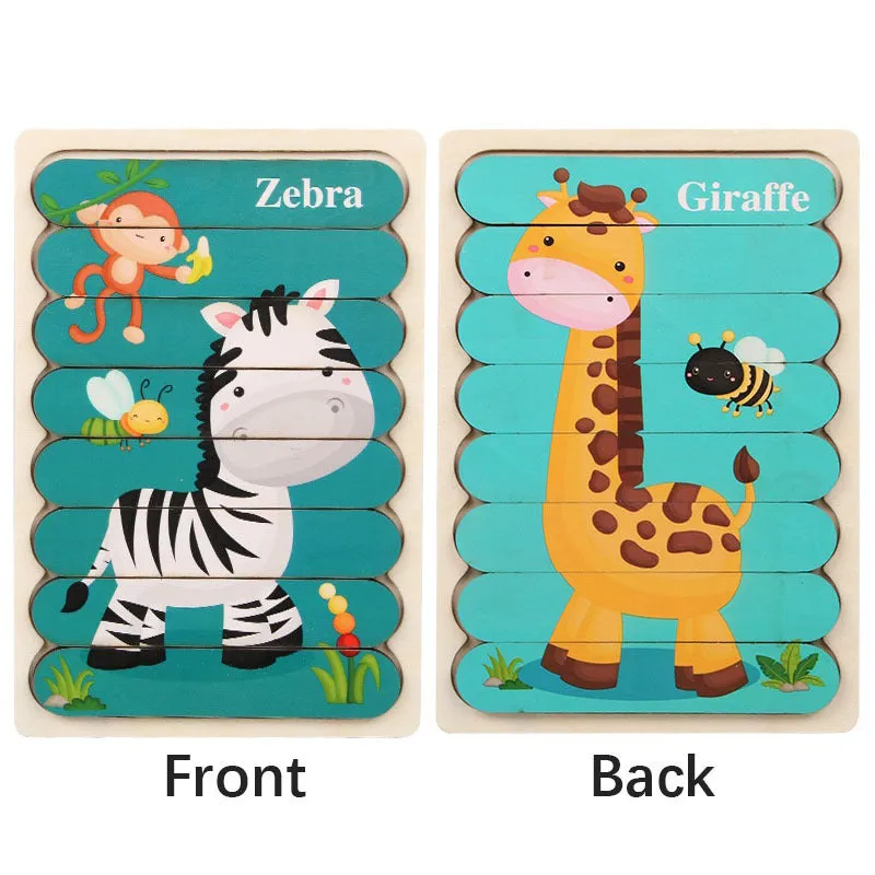 Doublesided Cartoon Animal Wooden Puzzles  Educational Kids Jigsaw Game