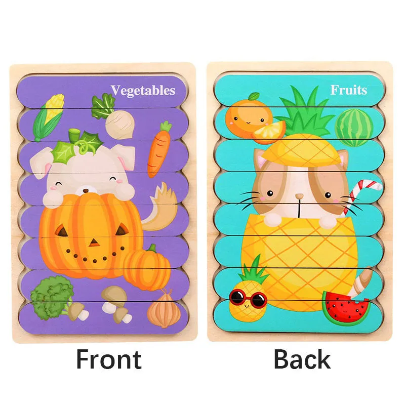 Doublesided Cartoon Animal Wooden Puzzles  Educational Kids Jigsaw Game