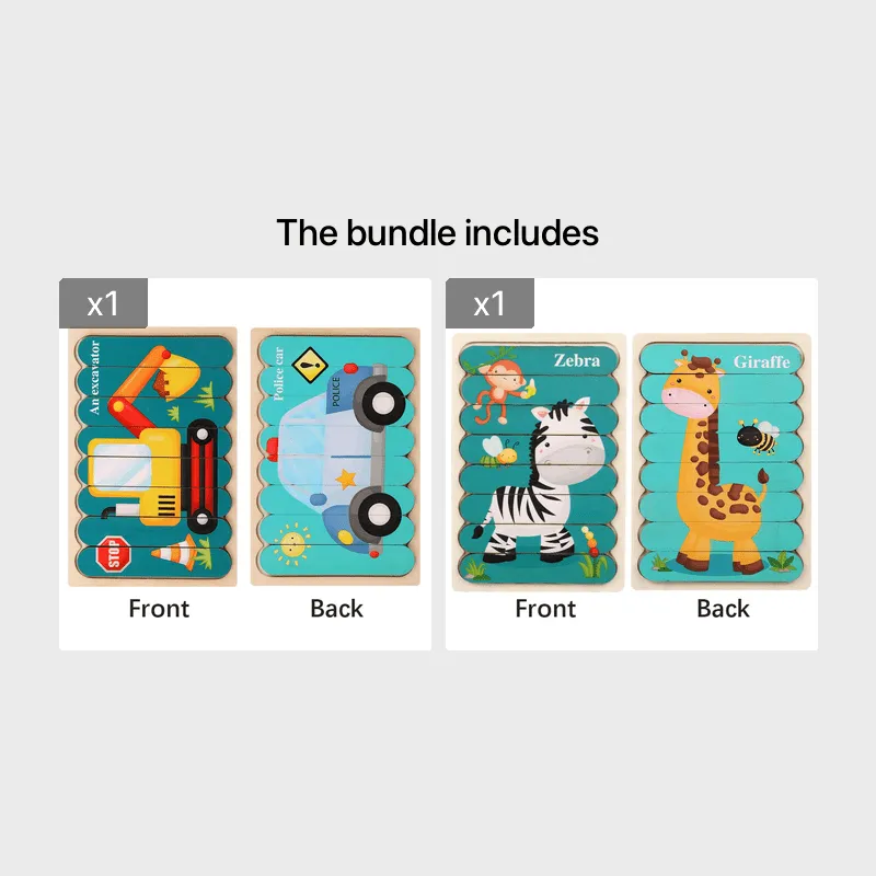 Doublesided Cartoon Animal Wooden Puzzles  Educational Kids Jigsaw Game