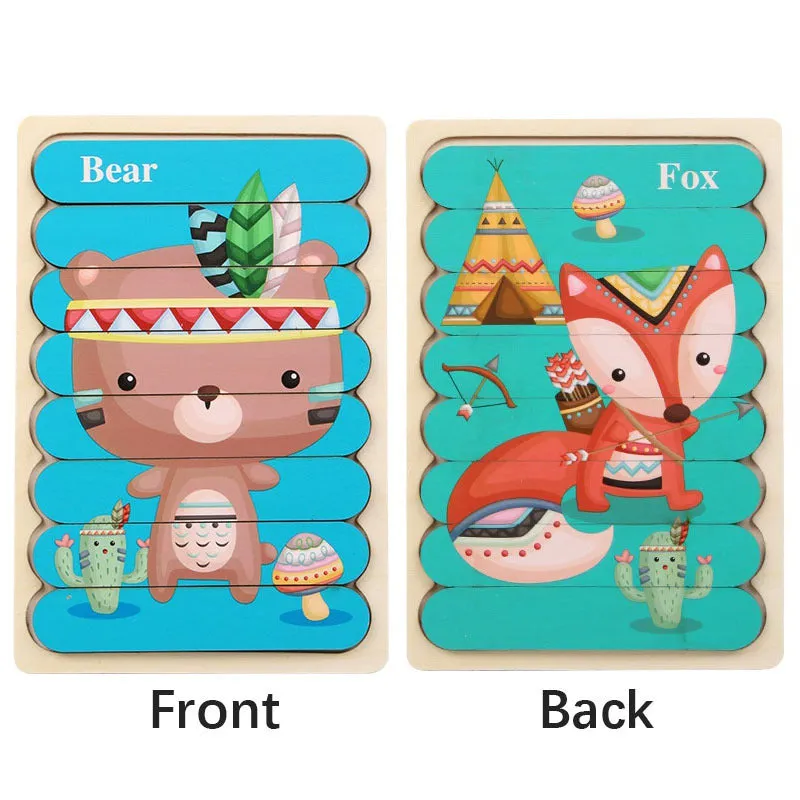 Doublesided Cartoon Animal Wooden Puzzles  Educational Kids Jigsaw Game