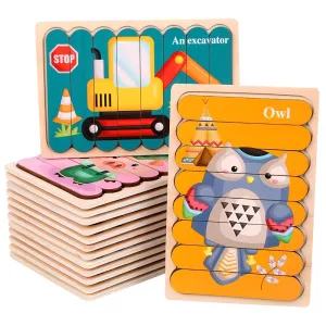 Doublesided Cartoon Animal Wooden Puzzles  Educational Kids Jigsaw Game