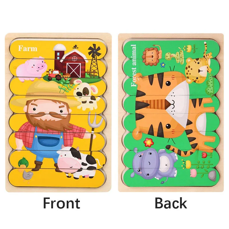 Doublesided Cartoon Animal Wooden Puzzles  Educational Kids Jigsaw Game