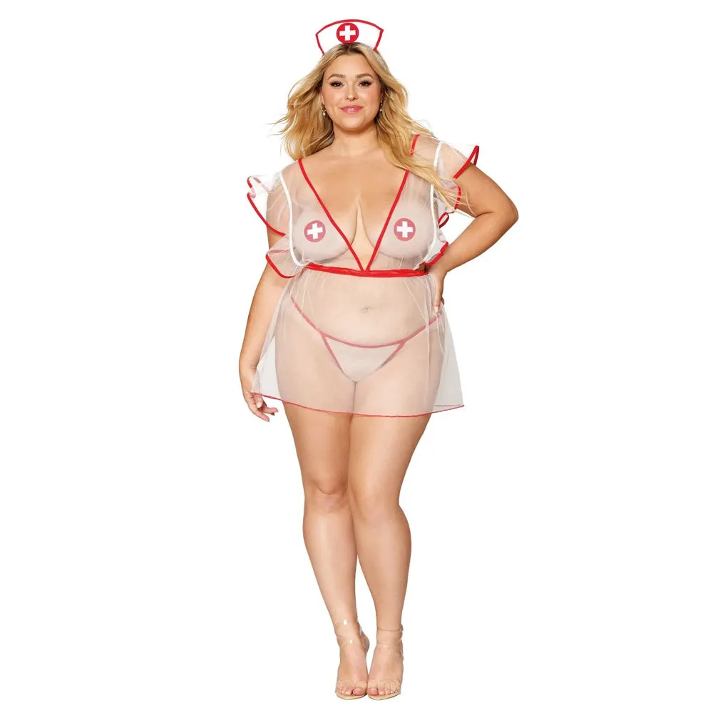 Dreamgirl Lingerie Sheer mesh nurse-themed apron with matching G-string, tie-on nurses’ cap, and pasties - 12916X