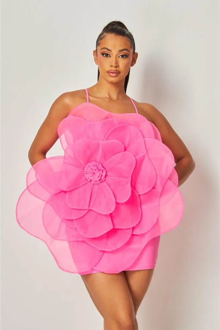 Madeline 3D Organza Flower Mini Dress - Fuchsia