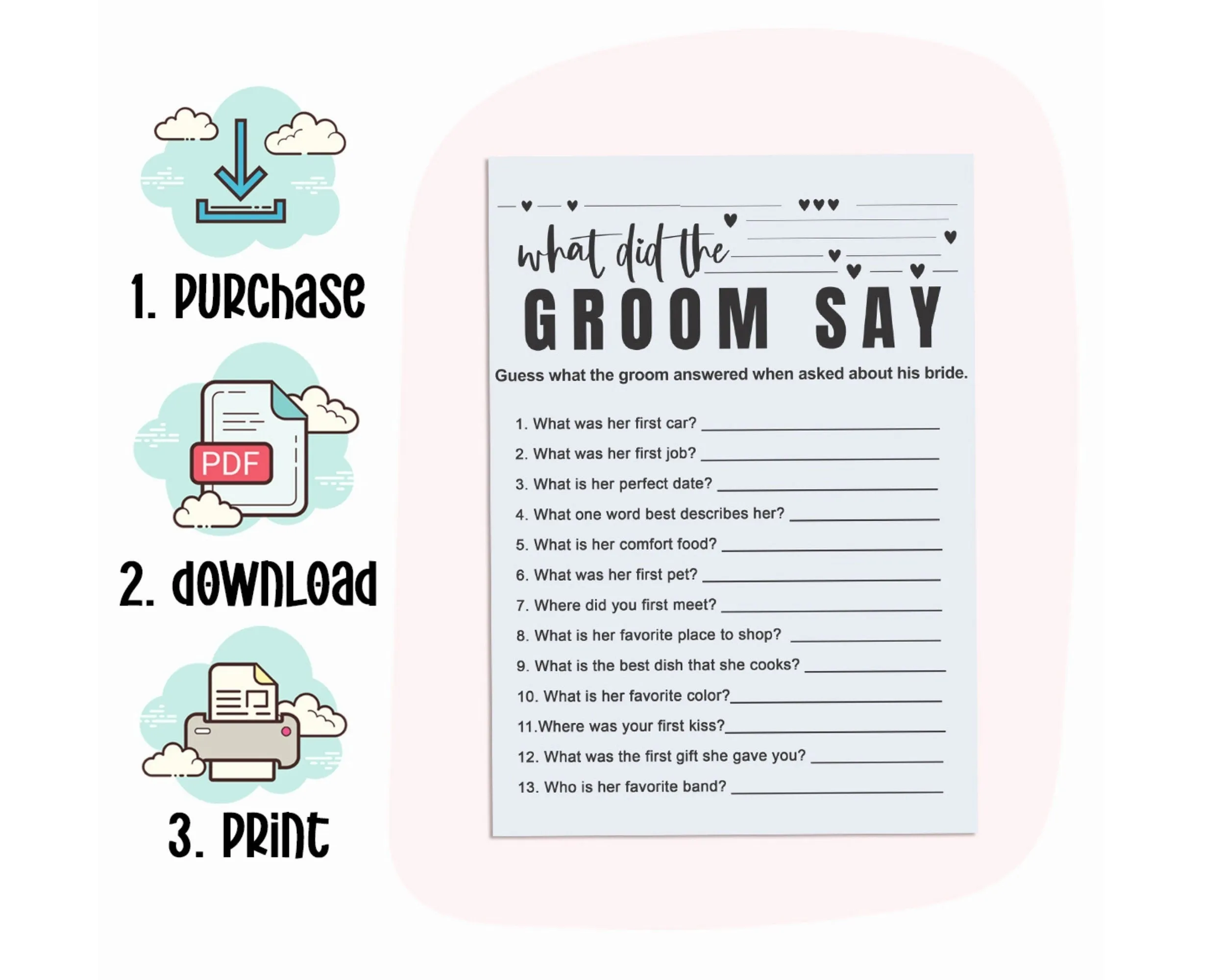 Printable Bridal Shower Game - Modern Blue 'What Did the Groom Say' - Instant PDF Download