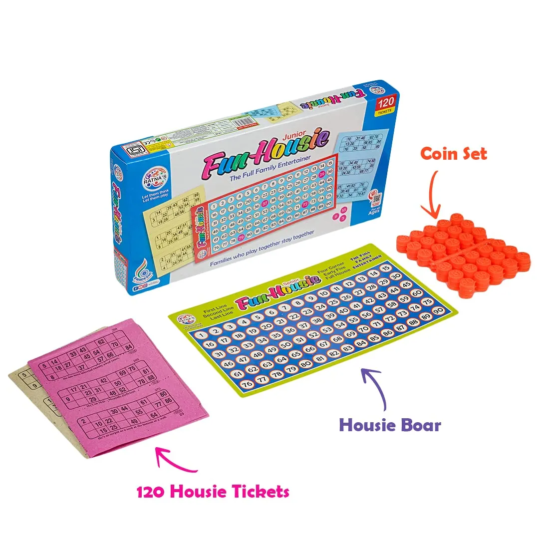 Ratna's Plastic Family Game Fun Housie Small with 120 Tickets Board Game, Multicolour, Fixing Checking Board, 90 Coins, and Tickets