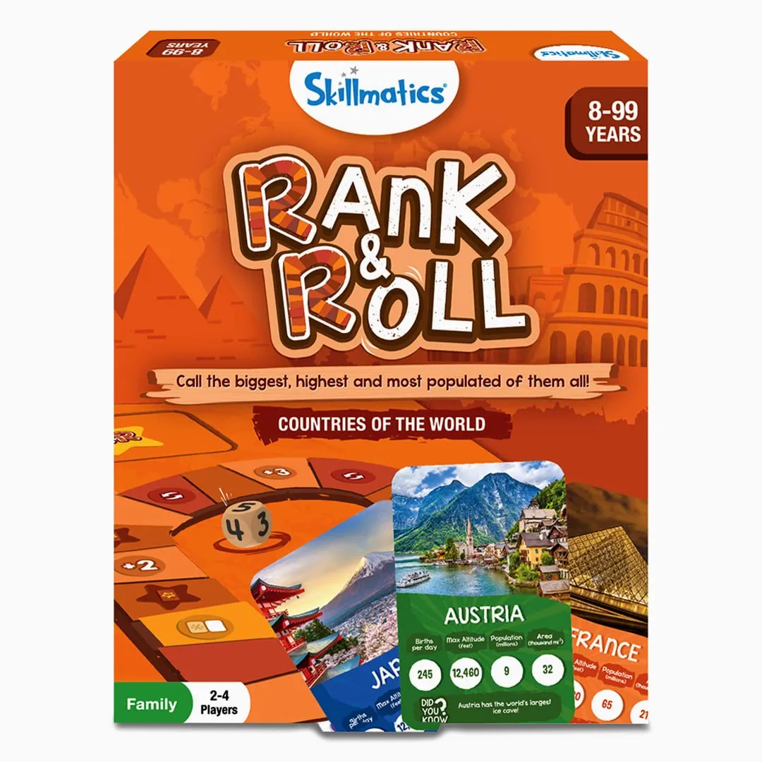 Skillmatics Trump Card & Board Game - Rank & Roll Countries of The World, Memory Strategy Game, Games for Kids, Teens & Adults